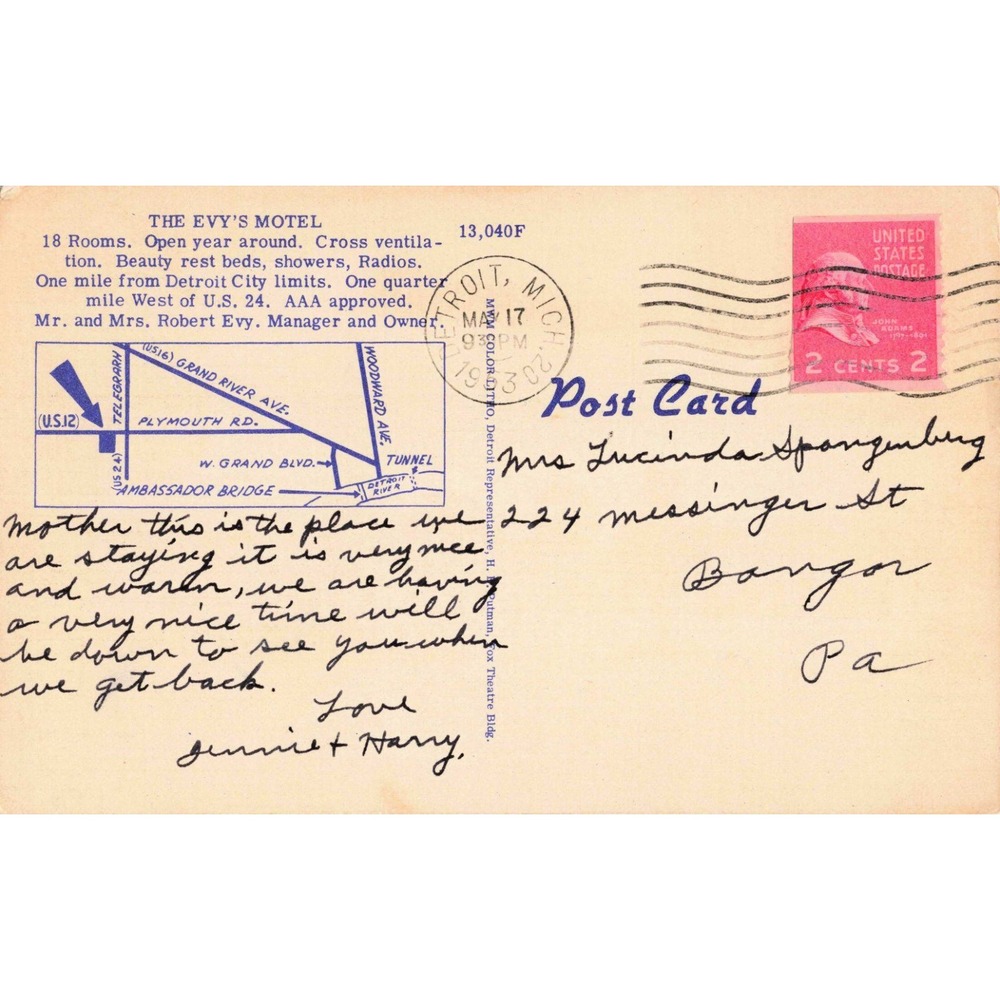 Evy's Motel Detroit Michigan MI Plymouth Rd US 12 AAA Vtg 1953 Linen Postcard - Picture 2 of 2